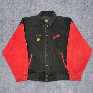 Vintage 90s International Denim Racecar Jacket Mens Medium Red Black Iowa Corps